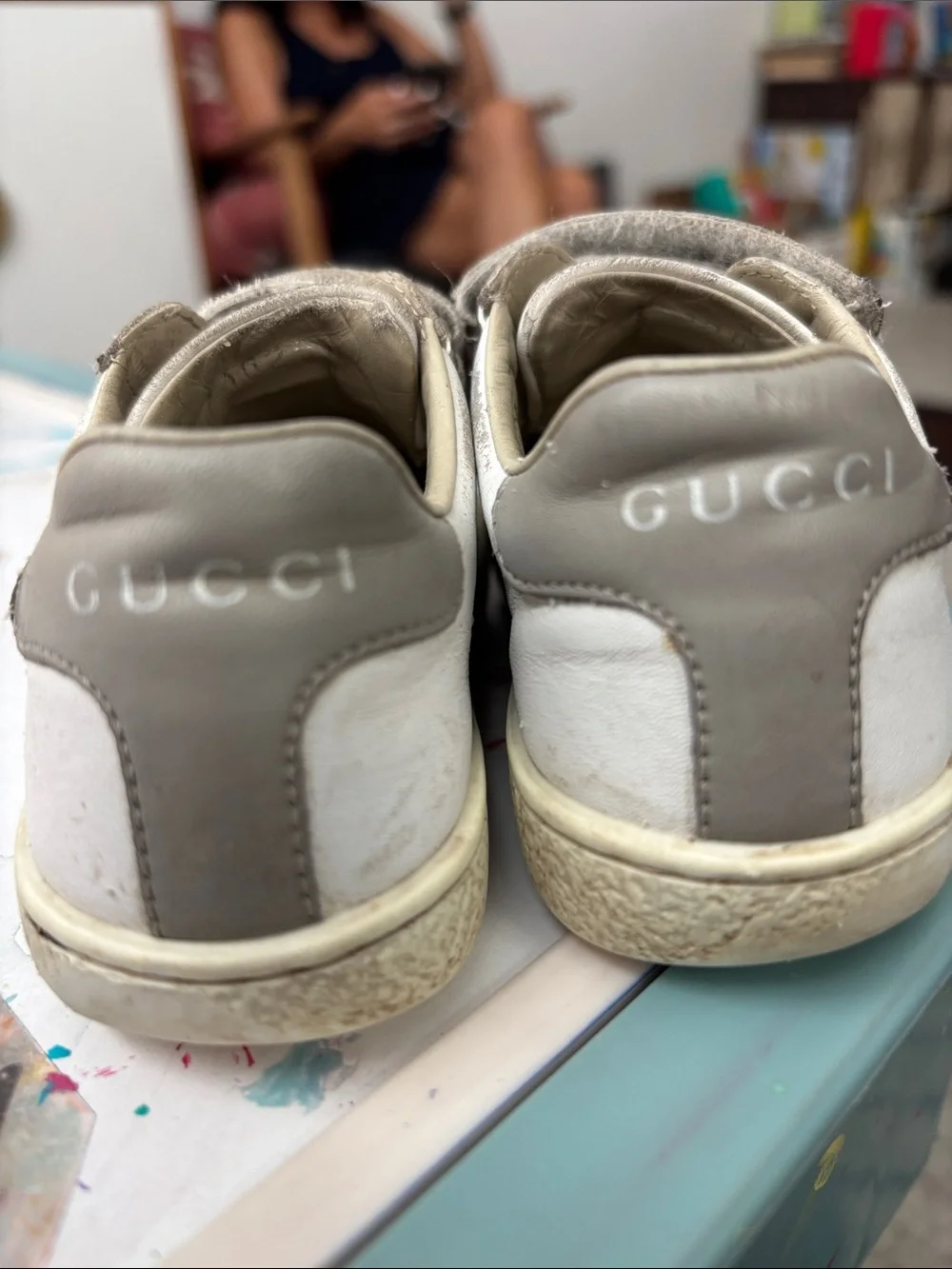 Gucci Kids White and Gray Leather Sneakers